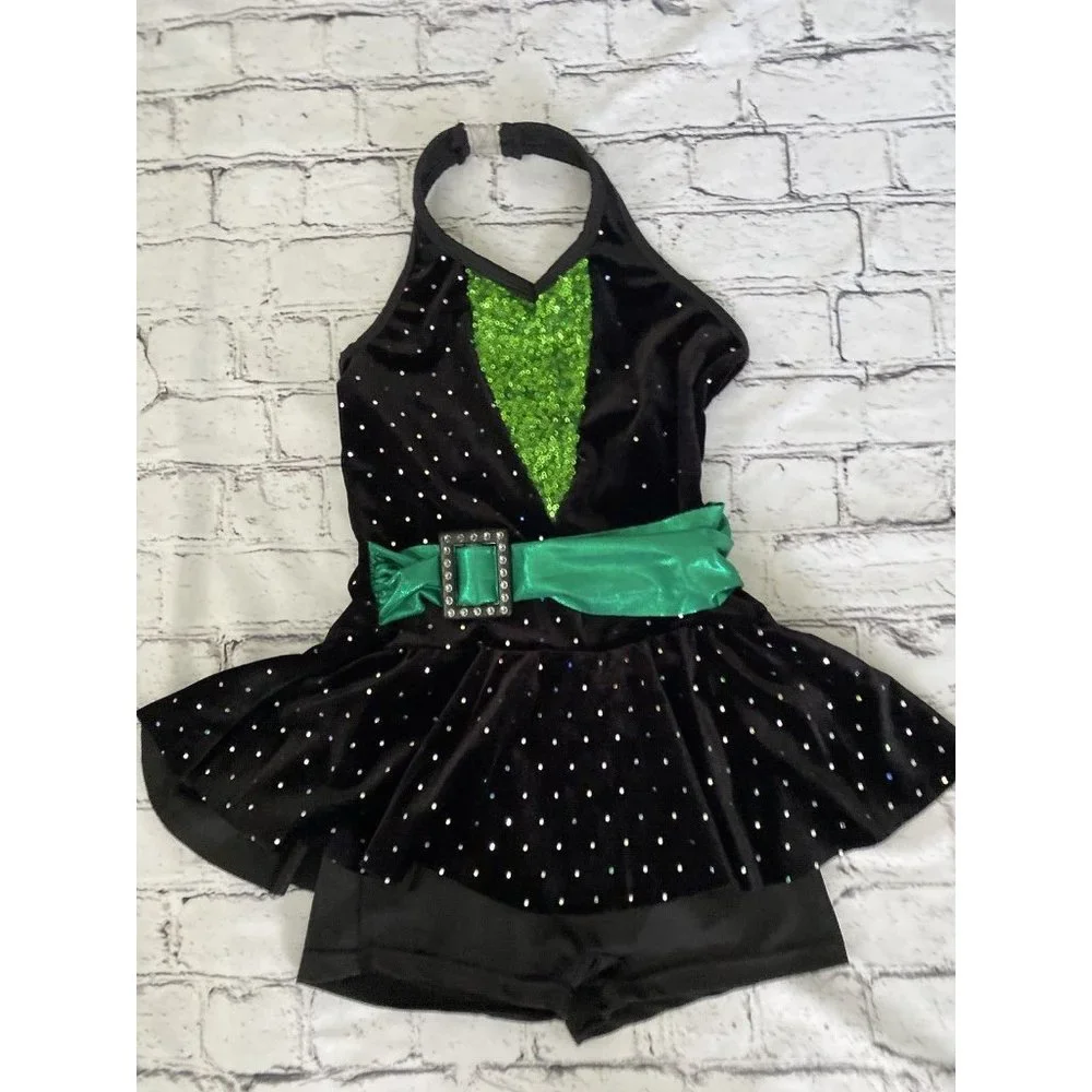 Curtain Call Girl Shiny Sequin Performance Costume Leotard Dress Black‎ Size CME